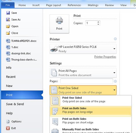 Cách in 2 mặt đối với những máy có hỗ trợ tự lật trang