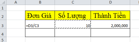 phép chia trong excel