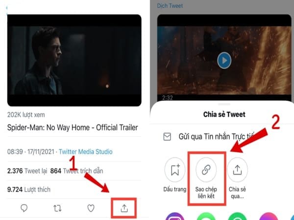 Sao chép liên kết video trên Twitter